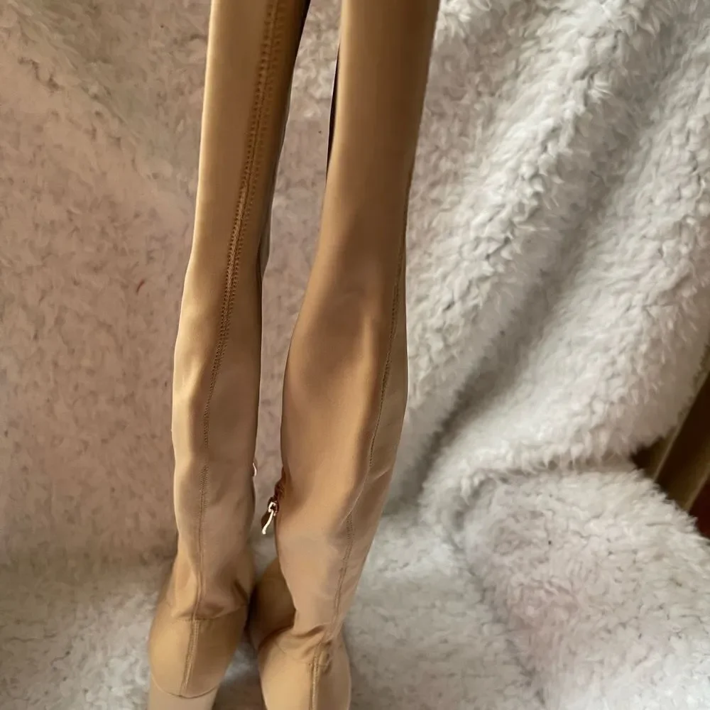 EGO over the knee tan stretchy boots with peep toe round 4”heels size7